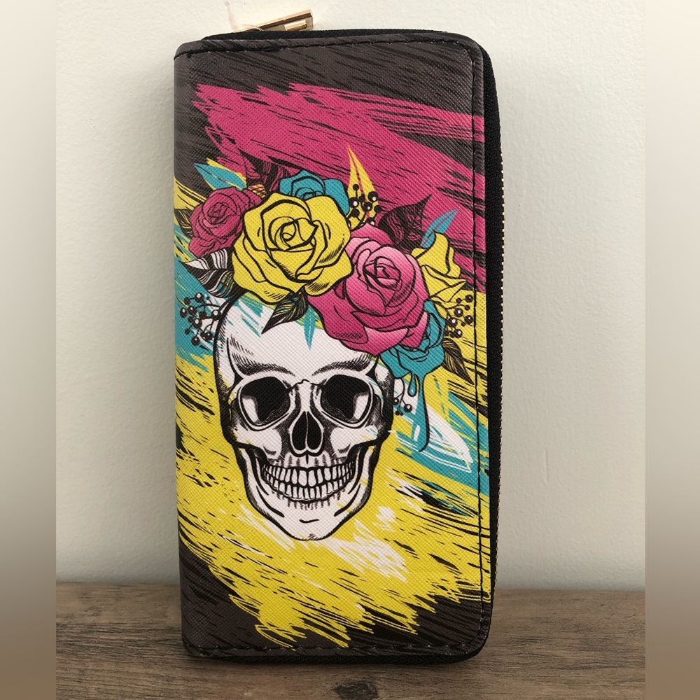 Black Skull with Flowers Zipper Wallet